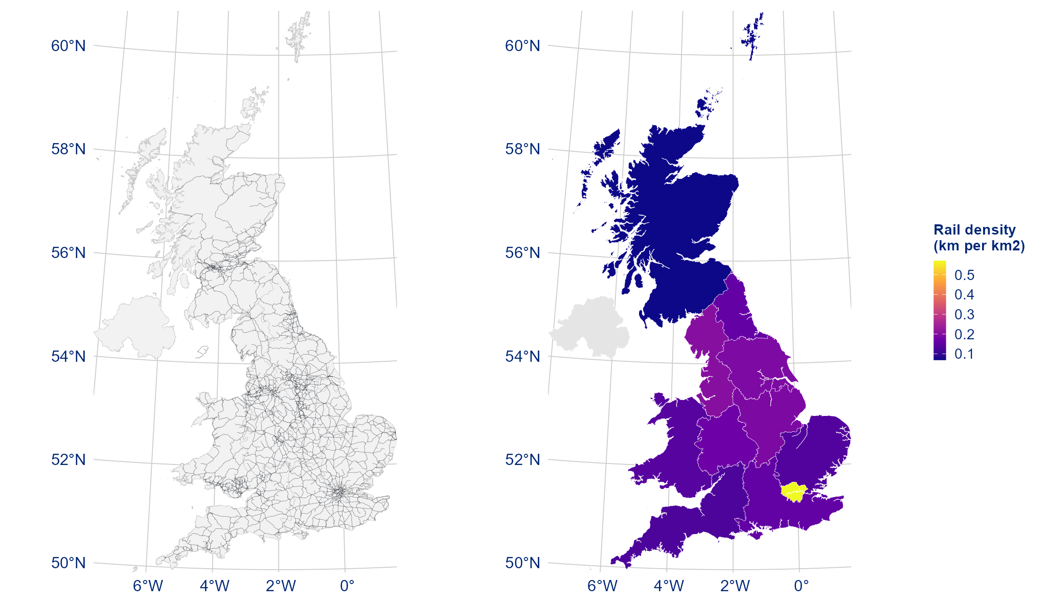 Map showing the UK rail network in 1950 and rail density by region.